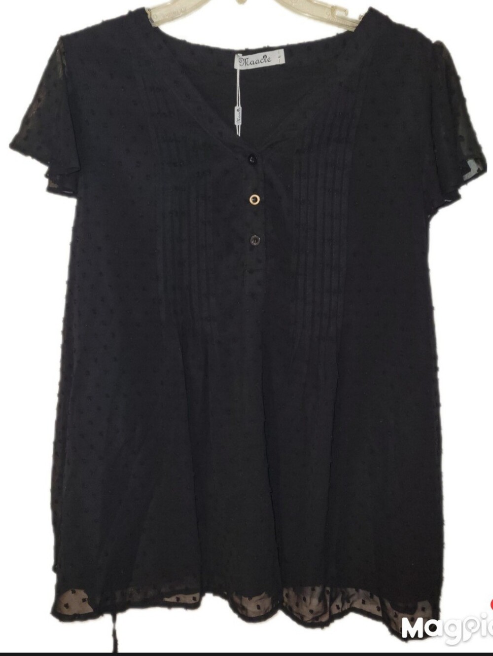 Maacie Black Short Cap Sleeve Pullover Maternity Blouse Size Lg Keyhole Button